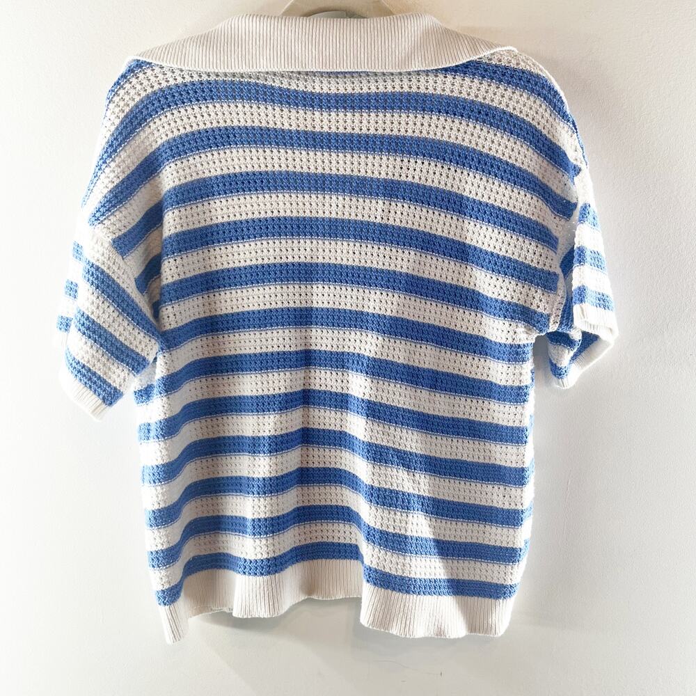 LOFT Striped Short Sleeve Collared Knit Pullover Sweater White Blue Large - Picture 5 of 5
